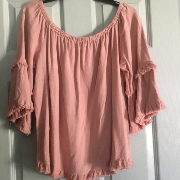 Umgee Tops - Umgee Boho fringed linen cotton peach pink blouse top size xl NEW